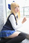   blonde_hair cosplay hair_bow namada photo school_uniform sweater thigh-highs  