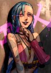  1girl bare_shoulders belt blue_hair bullet darkeagle_an fingerless_gloves gloves jewelry jinx_(league_of_legends) league_of_legends long_hair necklace pink_eyes small_breasts smile solo spray_paint tattoo 