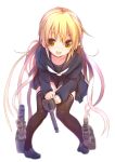  1girl :d black_legwear blonde_hair blush kantai_collection long_hair long_sleeves looking_at_viewer open_mouth personification satsuki_(kantai_collection) school_uniform serafuku skirt smile solo sora_to_umi thighhighs twintails yellow_eyes 