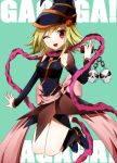  1girl bare_shoulders blonde_hair breasts cellphone cellphone_strap detached_sleeves duel_monster female gagaga_girl gloves hat large_breasts long_hair looking_at_viewer open_mouth phone red_eyes skull smile solo wink wizard_hat yuu-gi-ou yuu-gi-ou_zexal 