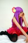  chinadress cosplay flower garter_belt namada photo purple_hair qipao ruffles thigh-highs 