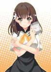  1girl blush breasts brown_hair gatchaman_crowds green_eyes hair_ornament hasu_(velicia) highres ichinose_hajime large_breasts looking_at_viewer notepad short_hair skirt smile solo v 
