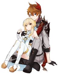  1boy 1girl absurdres bare_shoulders blonde_hair blue_eyes cape capelet coat collared_shirt dress earrings feathers flower gauntlets genshin_impact gloves hair_between_eyes hair_feathers hair_flower hair_ornament hand_on_another&#039;s_chest hand_on_breast highres hug hug_from_behind jewelry kuroha1873 lumine_(genshin_impact) mask mask_on_head orange_hair pants shirt short_hair simple_background sitting sitting_on_lap sitting_on_person tartaglia_(genshin_impact) white_background white_legwear white_pants yellow_eyes 