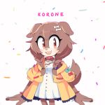 1girl :3 :d animal_collar animal_ears animal_nose beige_fur blush body_fur bone_hair_ornament braid brown_eyes brown_fur brown_hair cartoon_bone collar confetti cowboy_shot dog dog_ears dog_girl dog_tail eyelashes fangs furrification furry hair_ornament hololive inugami_korone jacket long_hair looking_to_the_side motobug open_mouth red_collar red_wristband short_sleeves simple_background smile solo sonic_(series) standing tail twin_braids two-tone_fur white_background wristband yellow_jacket 