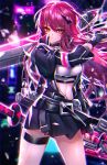  1girl absurdres bangs been belt belt_buckle black_belt black_gloves black_jacket black_skirt blurry blurry_background breasts buckle closed_mouth cowboy_shot crop_top dual_wielding elesis_(elsword) elesis_sieghart elsword eyebrows_visible_through_hair fingerless_gloves floating_hair gloves grand_chase hair_between_eyes highres holding holding_sword holding_weapon jacket long_hair looking_at_viewer medium_breasts midriff miniskirt open_clothes open_jacket pink_hair pleated_skirt shiny shiny_hair skirt solo standing stomach sword very_long_hair weapon yellow_eyes 