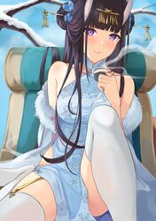  1girl azur_lane bangs bare_shoulders blue_dress blunt_bangs blush body_blush breasts china_dress chinese_clothes closed_mouth collarbone cup double_bun dress eyebrows_visible_through_hair flower fur_trim garter_straps hair_flower hair_ornament hairpin highres holding holding_cup horns leg_up long_hair looking_at_viewer medium_breasts noshiro_(azur_lane) noshiro_(fragrance_of_the_eastern_snow)_(azur_lane) off_shoulder oni_horns outdoors purple_hair shaketarako sitting sleeveless sleeveless_dress smile snow snowflake_print solo steam tea teacup thigh-highs thighs tree violet_eyes white_legwear 