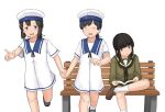  3girls bangs bench black_hair black_neckwear blue_eyes blue_sailor_collar blunt_bangs bob_cut book braid brown_footwear chagamaka closed_eyes crossed_legs daitou_(kantai_collection) dress feet_out_of_frame green_sailor_collar green_serafuku green_skirt hair_ribbon hat hiburi_(kantai_collection) kantai_collection kitakami_(kantai_collection) leg_up loafers long_hair low_ponytail multiple_girls neckerchief pleated_skirt ribbon running sailor_collar sailor_dress sailor_hat school_uniform serafuku shoes short_hair short_sleeves sidelocks simple_background single_braid sitting skirt socks tress_ribbon white_background white_dress white_headwear white_legwear 