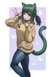 1girl absurdres animal_ear_fluff animal_ears bangs blue_legwear border brown_hoodie casual cat_ears cat_girl cat_tail commentary denim feet_out_of_frame fingernails geminingen green_hair grin highres hood hoodie jeans junguji_(rimworld) long_fingernails long_sleeves looking_at_viewer medium_hair pants paw_pose paw_print ponytail red_eyes red_nails rimworld sharp_teeth smile solo standing standing_on_one_leg tail teeth thighs tight tight_pants v white_border 
