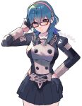  1girl blue_eyes blue_hair breasts byleth_(fire_emblem) byleth_eisner_(female) eyebrows_visible_through_hair fire_emblem fire_emblem:_three_houses garreg_mach_monastery_uniform glasses gloves hair_between_eyes hand_on_hip headband large_breasts long_sleeves looking_at_viewer mano_(m1n0f2e1) medium_hair simple_background solo standing twitter_username watermark white_background 