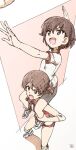  2girls :d arm_up artist_name bad_id bad_twitter_id bangs bike_shorts black_shorts brown_eyes brown_hair carrying colored_pencil_(medium) commentary elbow_pads erakin eyebrows_visible_through_hair frown girls_und_panzer gym_shirt gym_uniform highres isobe_noriko kawanishi_shinobu knee_pads looking_to_the_side looking_up motion_blur multiple_girls open_mouth red_shirt red_shorts shirt shoes short_hair short_ponytail short_shorts short_sleeves shorts shoulder_carry signature sleeveless sleeveless_shirt smile sneakers sportswear standing swept_bangs t-shirt traditional_media v-shaped_eyebrows volleyball volleyball_uniform white_footwear white_shirt 