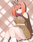  1girl bangs blue_eyes blush bow breasts brown_dress brown_ribbon brown_sweater closed_mouth clothing_cutout dress eyebrows_behind_hair feet_out_of_frame go-toubun_no_hanayome hair_between_eyes hair_ribbon highres kujou_karasuma long_sleeves looking_at_viewer medium_breasts nakano_yotsuba orange_hair plaid plaid_background plaid_ribbon ribbed_legwear ribbon shoulder_cutout signature sitting sleeves_past_wrists socks solo strapless strapless_dress sweat sweater white_bow white_legwear 