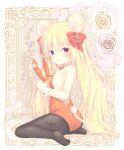  1girl :o animal_ears bangs bare_shoulders black_legwear blonde_hair blush bow breasts bunny_tail commentary_request eyebrows_visible_through_hair fake_animal_ears full_body hair_between_eyes hair_bow hairband heart highres leotard long_hair looking_at_viewer looking_to_the_side no_shoes original pantyhose parted_lips playboy_bunny rabbit_ears red_bow red_hairband red_leotard shizukawashi_sumi short_eyebrows sitting small_breasts soles strapless strapless_leotard tail thick_eyebrows twintails very_long_hair violet_eyes wariza wrist_cuffs 