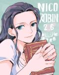  1girl aqua_eyes black_hair book character_name closed_mouth dated head_rest holding holding_book light_smile lips long_hair looking_at_viewer mog_(moglist) nico_robin one_piece own_hands_together shirt short_sleeves solo upper_body 