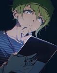  1boy amami_rantarou bangs black_background collarbone commentary_request dangan_ronpa_(series) dangan_ronpa_v3:_killing_harmony ear_piercing earrings from_below green_eyes green_hair grgrton hair_between_eyes hand_on_own_chin hand_up holding jewelry male_focus necklace notepad piercing ring shirt short_hair solo striped striped_shirt thumb_ring upper_body 