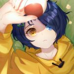  1girl absurdres arm_up blue_eyes blue_hair closed_mouth dark_blue_hair egg hair_ornament hairclip heterochromia highres holding holding_egg hood hoodie looking_at_object looking_up lying maruko_le on_back ooto_ai short_hair triangle_hair_ornament wonder_egg_priority yellow_eyes yellow_hoodie 