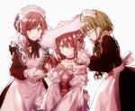  3girls ahoge alstroemeria_(idolmaster) braid braided_ponytail brown_eyes brown_hair glasses gocoli gothic_lolita hat highres idolmaster idolmaster_shiny_colors kuwayama_chiyuki lolita_fashion long_hair multiple_girls oosaki_amana oosaki_tenka siblings sisters twins yellow_eyes 