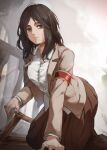  1girl all_fours armband black_eyes black_hair collared_shirt commentary_request highres jacket long_hair long_sleeves looking_at_viewer parted_lips pieck shingeki_no_kyojin shirt skirt solo taiu white_shirt 