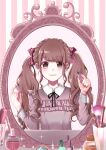  1girl absurdres bow brown_eyes brown_hair cosmetics frills hair_bow highres kuroyuki_0713 lipstick lipstick_tube long_hair makeup makeup_brush mirror nail_polish original pink_theme reflection smile solo twintails wavy_hair 