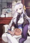  1girl azur_lane belfast_(azur_lane) belfast_(gorgeous_fans)_(azur_lane) blue_sash bow breasts brown_ribbon chair fan feather_boa fennec_fox floral_print folding_fan fox gloves hair_behind_ear hair_ribbon highres indoors japanese_clothes kimono large_breasts light_purple_hair long_hair looking_at_viewer official_alternate_costume ribbon sash sitting solo violet_eyes white_gloves white_kimono yellow_bow yoruri 