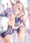  2girls :o animal_ears ass ayanami_(azur_lane) azur_lane bangs bare_arms bare_shoulders between_thighs blue_swimsuit blurry blurry_background blush brown_hair closed_mouth commentary_request depth_of_field double_bun eyebrows_visible_through_hair groin hair_between_eyes hair_ornament headgear high_ponytail highres holding indoors laffey_(azur_lane) leaning_forward long_hair looking_at_viewer looking_back multiple_girls natuna_natu one-piece_swimsuit parted_lips ponytail rabbit_ears red_eyes shower_head silver_hair soap_bubbles sponge standing strap_slip swimsuit very_long_hair window 