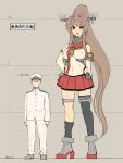  1boy 1girl admiral_(kantai_collection) anchor blush breasts brown_hair chart detached_sleeves flower giant giantess hair_flower hair_ornament hand_on_hip hands_on_hips hat headgear height_chart height_difference height_mark high_heels highres hip_vent kantai_collection large_breasts long_hair military military_hat military_uniform mugshot naval_uniform ponytail seo_tatsuya single_thighhigh size_difference tall tall_female thigh-highs translation_request uniform yamato_(kantai_collection) z_flag 
