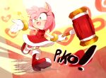  1girl :d amy_rose animal_nose boots commentary dress eyelashes furry gloves green_eyes hairband hammer hedgehog hedgehog_ears hedgehog_girl hedgehog_tail holding holding_hammer medium_hair open_mouth piko_piko_hammer pink_hair red_dress red_footwear red_hairband smile solo sonic_the_hedgehog star_(symbol) unichrome-uni white_gloves 