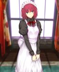  1girl apron bangs black_dress blue_eyes blurry blurry_background blush closed_mouth commentary_request curtains dress eyebrows_visible_through_hair highres hisui_(tsukihime) indoors iro_(sekaixiro) juliet_sleeves long_sleeves looking_at_viewer maid maid_apron maid_headdress neck_ribbon pink_hair puffy_sleeves red_neckwear red_ribbon ribbon short_hair solo tsukihime white_apron white_headwear window wing_collar 