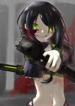  aiming_at_viewer black_hair blood blood_on_face braid fingerless_gloves girls_frontline gloves green_eyes green_trim grin gun highres holding holding_gun holding_knife holding_weapon knife mac-10 mac-10_(girls_frontline) navel side_braid smile smoke smoking_gun stitches stomach submachine_gun user_xrjd5332 weapon 