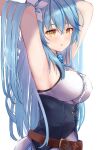  1girl armpits arms_up belt blue_hair blush breasts flower hair_between_eyes hair_flower hair_ornament highres hololive large_breasts long_hair looking_at_viewer open_mouth simple_background sleeveless virtual_youtuber white_background yellow_eyes yukihana_lamy yuzuki4no 