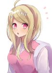  1girl :o ahoge akamatsu_kaede backpack bag bangs blonde_hair blush breasts collared_shirt commentary_request dangan_ronpa_(series) dangan_ronpa_v3:_killing_harmony eighth_note eyebrows_visible_through_hair hair_ornament highres large_breasts long_hair long_sleeves looking_at_viewer mizu_kuki musical_note musical_note_hair_ornament notice_lines open_mouth pink_eyes pink_sweater pink_sweater_vest shirt simple_background solo sweater sweater_vest upper_body upper_teeth white_background white_shirt wing_collar 
