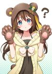  1girl :o ? animal_hood arms_up bangs bare_shoulders bear_hood bear_paws bear_tail black_dress blue_eyes blush bow brooch brown_hair coat commentary_request deadnooodles dress eyebrows_visible_through_hair flower green_background highres hood jewelry long_hair long_sleeves looking_at_viewer love_live! love_live!_nijigasaki_high_school_idol_club ousaka_shizuku parted_lips polka_dot polka_dot_background polka_dot_bow ribbon simple_background solo spaghetti_strap tail upper_body white_background white_bow white_flower yellow_coat yellow_ribbon 