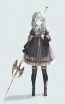  1girl boots clenched_hand closed_mouth eotyq58d6do16cs fire_emblem fire_emblem:_three_houses flayn_(fire_emblem) full_body garreg_mach_monastery_uniform green_eyes green_hair grey_background hair_ornament hairclip highres holding holding_weapon lance looking_at_viewer polearm solo thigh-highs thigh_boots weapon 