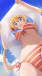  1girl :d armpits bangs bikini blonde_hair blue_eyes blue_sky breasts breasts_apart clouds commentary day eyebrows_visible_through_hair from_below front-tie_bikini front-tie_top groin hair_between_eyes hair_ribbon highres hiroki_(yyqw7151) horizontal_stripes kirisaki_chitoge large_breasts lifted_by_self long_hair looking_at_viewer looking_down multicolored multicolored_bikini multicolored_clothes navel nisekoi open_mouth orange_bikini outdoors red_bikini red_ribbon ribbon round_teeth side-tie_bikini sky smile solo stomach striped striped_bikini swimsuit tareme teeth translucent translucent_shirt twintails under_boob upper_teeth upshirt very_long_hair 