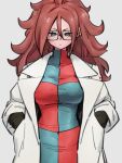  1girl android_21 black-framed_eyewear blue_eyes breasts checkered checkered_dress closed_mouth dragon_ball dragon_ball_fighterz dress earrings glasses grey_background hair_between_eyes hands_in_pockets hoop_earrings jewelry kemachiku labcoat large_breasts long_hair looking_at_viewer red_ribbon_army redhead simple_background solo 