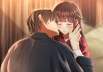  1boy 1girl blush braid brown_hair cheek_kiss closed_eyes couple grey_kimono height_difference hetero izumi_(stardustalone) japanese_clothes kimono kiss long_hair parted_lips red_kimono renri_no_chigiri_wo_kimi_to_shiru upper_body 