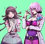  akudama_drive apron arm_under_breasts bandages bangs black_hair black_scrunchie blush breasts commentary_request dangan_ronpa_(series) dangan_ronpa_2:_goodbye_despair doctor_(akudama_drive) glasses green_background hair_ornament hair_scrunchie hand_up hands_up holding labcoat large_breasts long_hair mole mole_under_eye nurse open_mouth pink_hair puffy_short_sleeves puffy_sleeves purple_hair qosic scrunchie semi-rimless_eyewear short_sleeves simple_background skirt tsumiki_mikan violet_eyes 