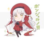  1girl arms_up bangs beret black_bow black_legwear blush bow brown_eyes brown_footwear caren_hortensia chibi closed_mouth collared_shirt commentary_request dress_shirt eyebrows_visible_through_hair fate/grand_order fate_(series) full_body grey_background grey_hair hat loafers long_hair long_sleeves pantyhose pleated_skirt red_headwear red_shirt red_skirt shirt shoes skirt sleeves_past_wrists smile solo sparkle standing standing_on_one_leg totatokeke translation_request two-tone_background very_long_hair white_background 