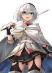  1girl :d bangs black_gloves black_legwear capelet character_request cloak copyright_request cowboy_shot eyebrows_visible_through_hair fingerless_gloves gloves green_eyes grey_hair hair_between_eyes hand_up holding holding_sword holding_weapon kanaria_(kanari_as) looking_at_viewer medium_hair miniskirt open_mouth over_shoulder simple_background skirt smile solo sword sword_over_shoulder thigh-highs upper_teeth weapon weapon_over_shoulder white_background 