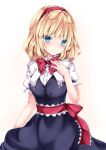  1girl alice_margatroid blonde_hair blue_eyes blush bow bowtie closed_mouth cowboy_shot gradient gradient_background highres looking_at_viewer medium_hair nanase_nao red_bow red_neckwear simple_background smile solo standing touhou white_background 