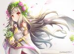  1girl bare_shoulders clear_glass_(mildmild1311) closed_mouth clover eyebrows_visible_through_hair fire_emblem fire_emblem_heroes flower four-leaf_clover grey_background grey_hair hair_flower hair_flowing_over hair_ornament highres holding holding_weapon looking_at_viewer official_alternate_costume petals red_eyes solo upper_body veronica_(fire_emblem) weapon 
