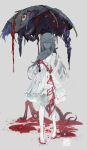  1girl blood dress full_body grey_background highres holding holding_umbrella long_hair original simple_background smile solo standing tentacles toriseka umbrella white_dress white_eyes white_hair 