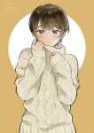  1girl :3 absurdres artist_name blue_eyes blush brown_hair hands_up highres kaminr knit_sweater looking_at_viewer original short_hair simple_background sleeves_past_wrists solo sweater upper_body 