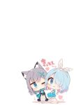  2girls animal_ear_fluff animal_ears bangs black_skirt blue_archive blue_eyes blue_hair blue_jacket blue_scarf blue_shirt blush bow chibi colored_shadow drooling eyebrows_visible_through_hair fringe_trim grey_hair hair_ornament hair_over_one_eye head_tilt heart highres jacket knees_up long_sleeves looking_at_viewer mouth_drool multicolored_hair multiple_girls muuran negative_space open_clothes open_jacket parted_lips pink_hair pleated_skirt sailor_collar scarf shadow shirt signature sitting skirt sleeves_past_fingers sleeves_past_wrists socks translation_request two-tone_hair wavy_mouth white_background white_bow white_legwear white_sailor_collar white_shirt white_skirt 