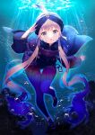  1other absurdres anchor blue_hair blue_legwear captain_nemo_(fate) fate/grand_order fate_(series) fish highres huge_filesize lemonpear light_brown_hair long_hair long_sleeves military military_uniform naval_uniform ocean outdoors shoe_ribbon shorts solo swimming turban twintails underwater uniform water 
