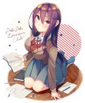  ! 1girl blush book breasts commentary_request copyright_name doki_doki_literature_club eraser eyes_visible_through_hair hair_between_eyes highres holding holding_book large_breasts long_hair long_sleeves looking_at_viewer pen purple_hair school_uniform seiza shifumame sitting skirt solo violet_eyes yuri_(doki_doki_literature_club) 