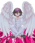  1boy angel_wings bangs bbjj_927 blood closed_mouth dangan_ronpa_(series) dangan_ronpa_v3:_killing_harmony double-breasted eyebrows_visible_through_hair feathered_wings frown hair_between_eyes highres indian_style long_sleeves looking_at_viewer male_focus multicolored_hair ouma_kokichi pants pink_blood purple_hair shirt shoes short_hair sitting solo striped striped_shirt violet_eyes white_background wings 