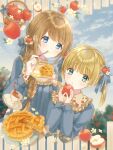  2girls :q apple apple_hair_ornament apple_pie arms_up bangs basket blonde_hair blue_dress blue_eyes blue_sky blurry blurry_background braid braided_ponytail brown_hair clouds cup day dress eating expressionless eyebrows_visible_through_hair flower food food_themed_hair_ornament fork fruit hair_flower hair_ornament hair_ribbon holding holding_food holding_fork holding_fruit holding_plate konpeito1025 light_blush long_hair long_sleeves multiple_girls orchard original outdoors pie_slice plate ribbon saucer shiny shiny_hair short_hair sky smile spatula symbol_commentary teacup tongue tongue_out two_side_up white_flower 