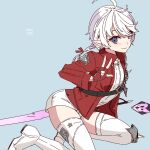  1girl ahoge alisaie_leveilleur bangs blue_eyes boots final_fantasy final_fantasy_xiv fingerless_gloves gloves jacket kneeling lili_mdoki long_hair looking_at_viewer open_clothes open_jacket pointy_ears rapier red_mage solo sword thigh-highs thigh_boots v weapon white_hair 