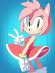  1girl absurdres amy_rose argento_(sonicboom53) blue_background blush breasts cowboy_shot dress english_commentary eyelashes gloves green_eyes hedgehog hedgehog_ears hedgehog_girl hedgehog_tail highres looking_at_viewer medium_breasts pink_hair red_dress short_hair smile solo sonic_the_hedgehog standing v white_gloves 