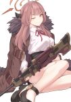  1girl aru_(blue_archive) bangs black_skirt blue_archive blush breasts brown_coat brown_eyes coat collared_shirt dress_shirt fur-trimmed_coat fur_trim gun halo horns large_breasts legs light_brown_hair long_hair long_sleeves looking_at_viewer one_eye_closed rifle shirt shiseki_hirame simple_background sitting skirt smile weapon white_shirt 